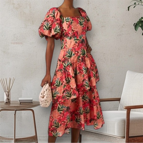 FARM RIO Red Pineapple Print Tiered Dress XS